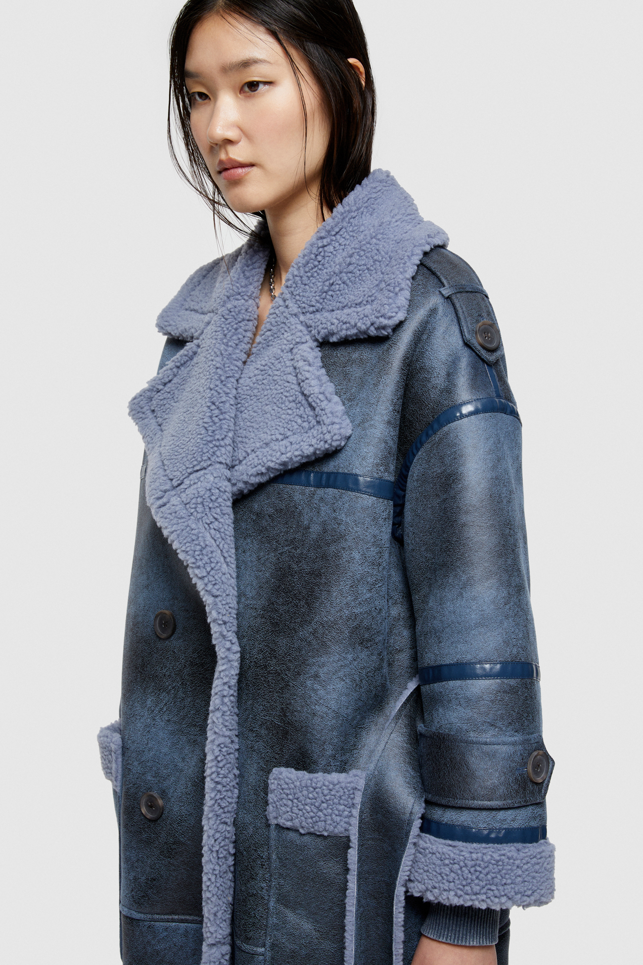 ECO-SHEEPSKIN REVERSIBLE LONG COAT 9263 - CERULEAN/SUGAR