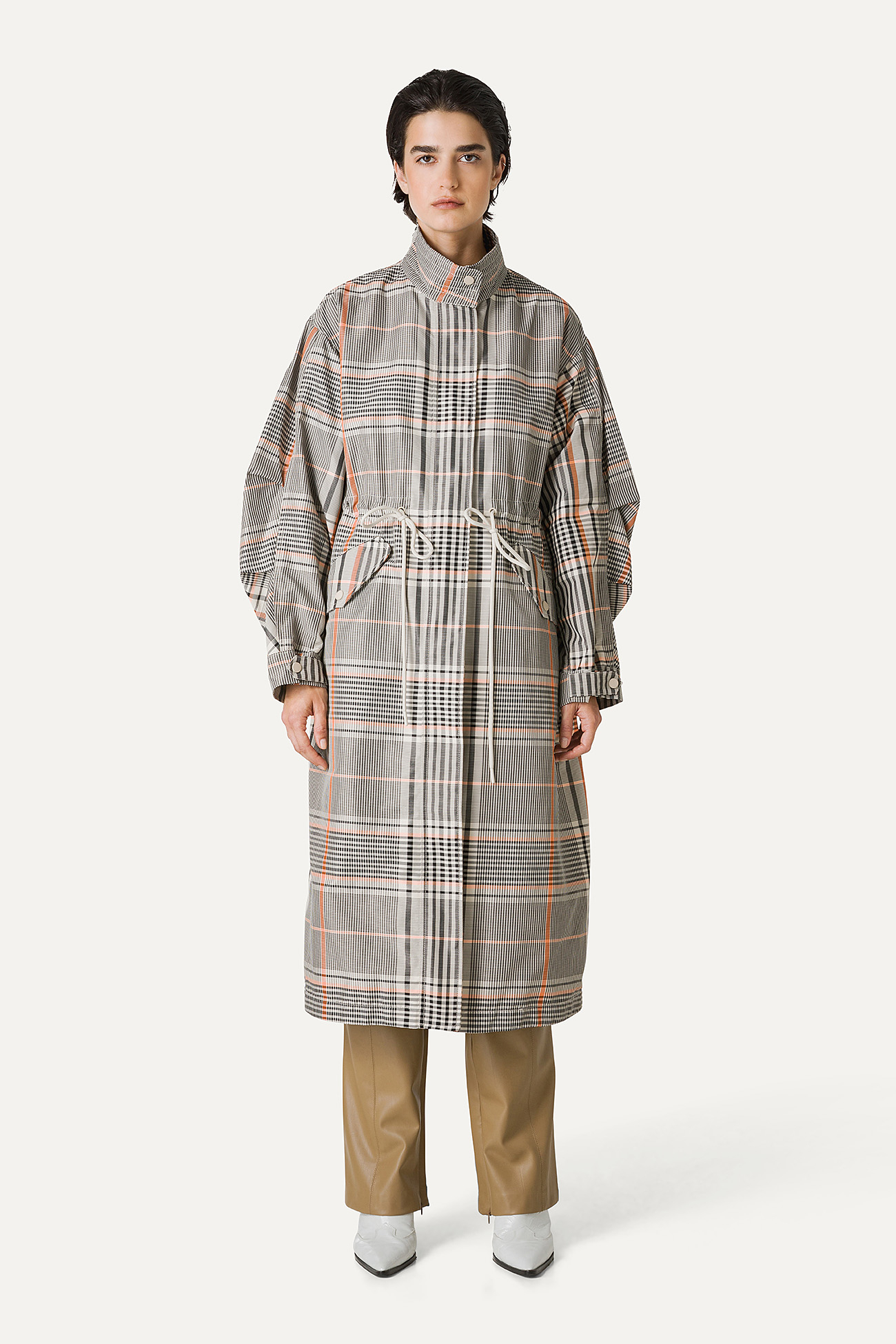 LONG OVERSIZE PARKA IN CHECK PATTERN MEMORY NYLON 9211 - ORANGE/CREAM - OOF WEAR