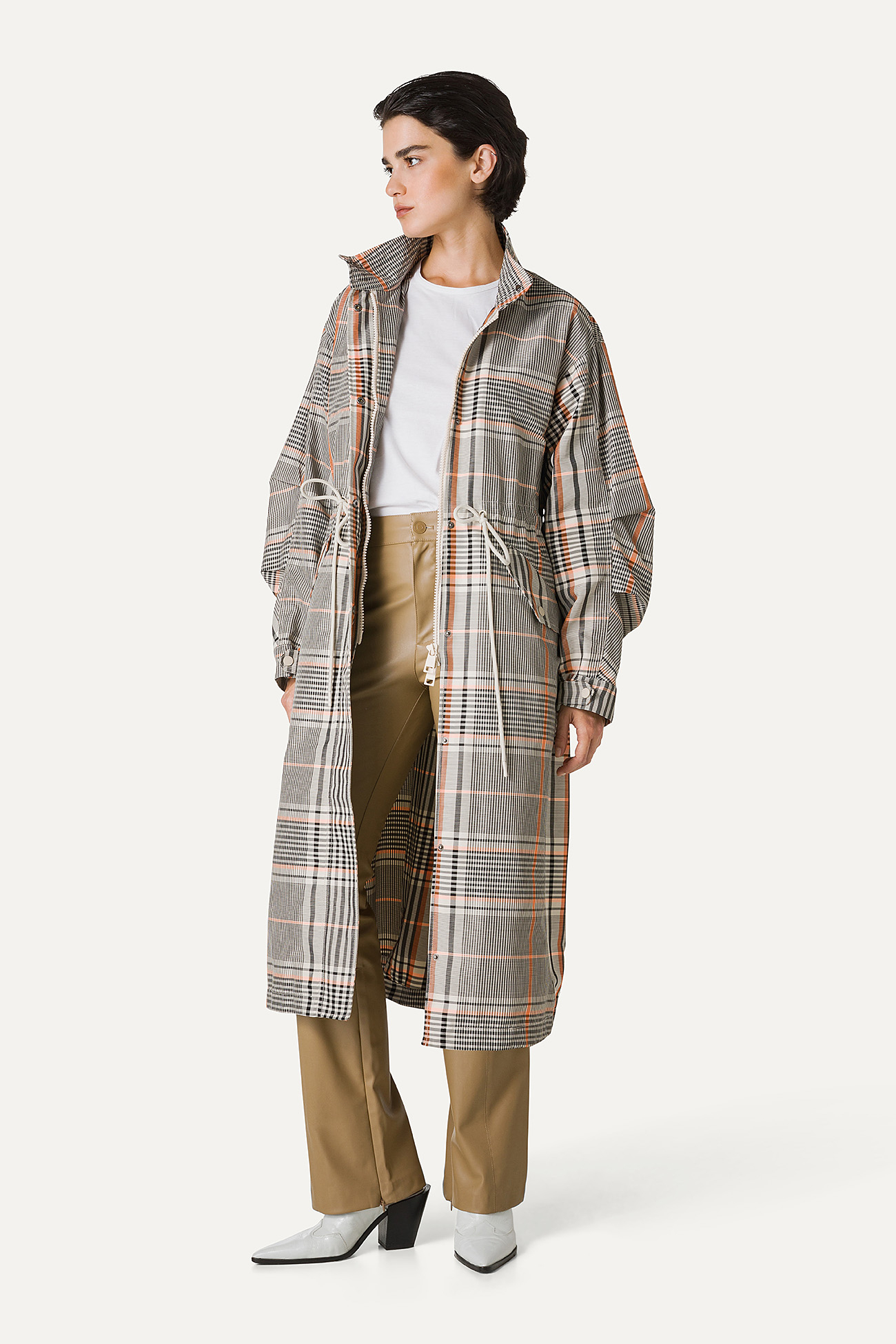 LONG OVERSIZE PARKA IN CHECK PATTERN MEMORY NYLON 9211 - ORANGE/CREAM - OOF WEAR