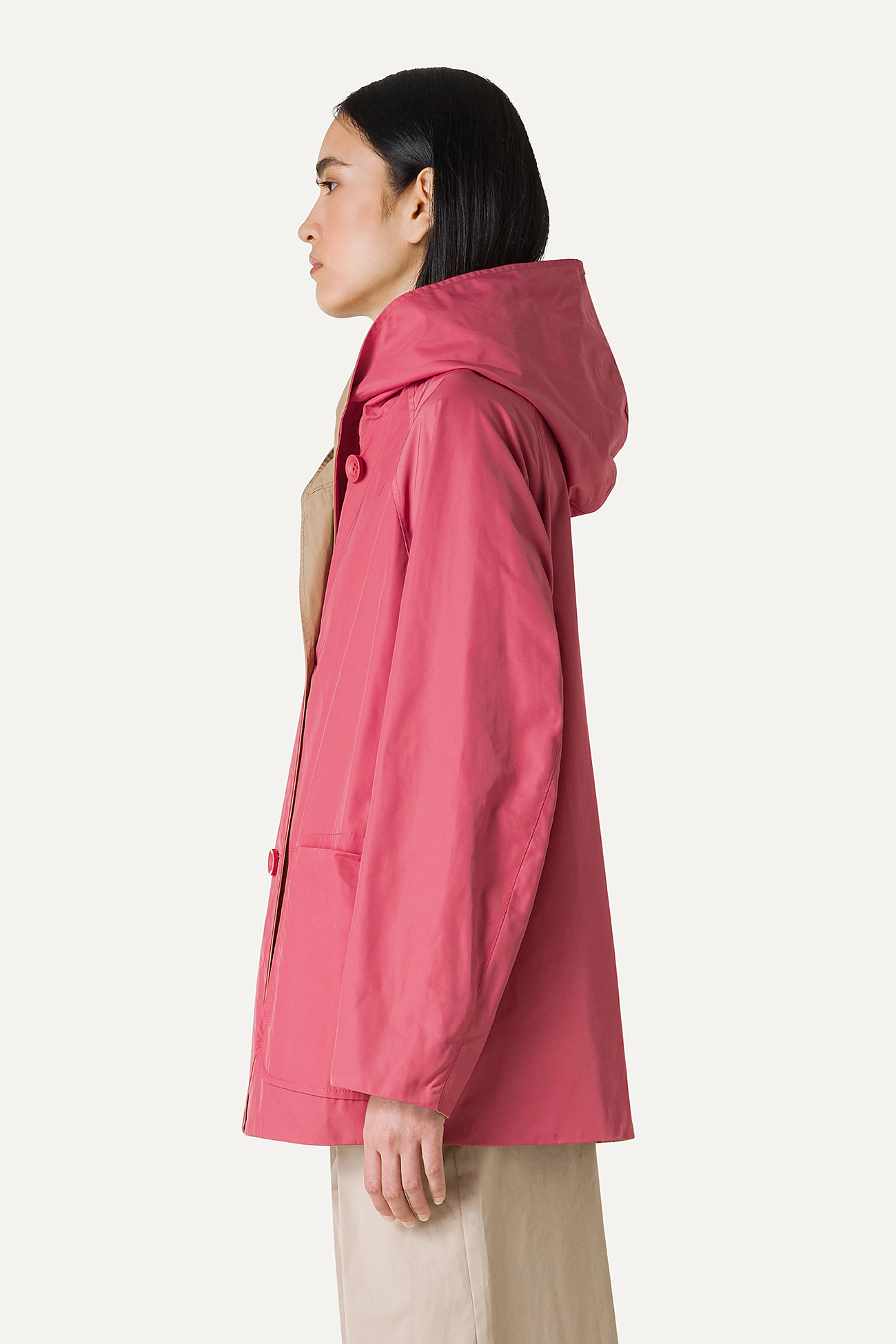 REVERSIBLE HOODED RAINCOAT IN MEMORY NYLON 9411 - OLD ROSE/BEIGE - OOF WEAR