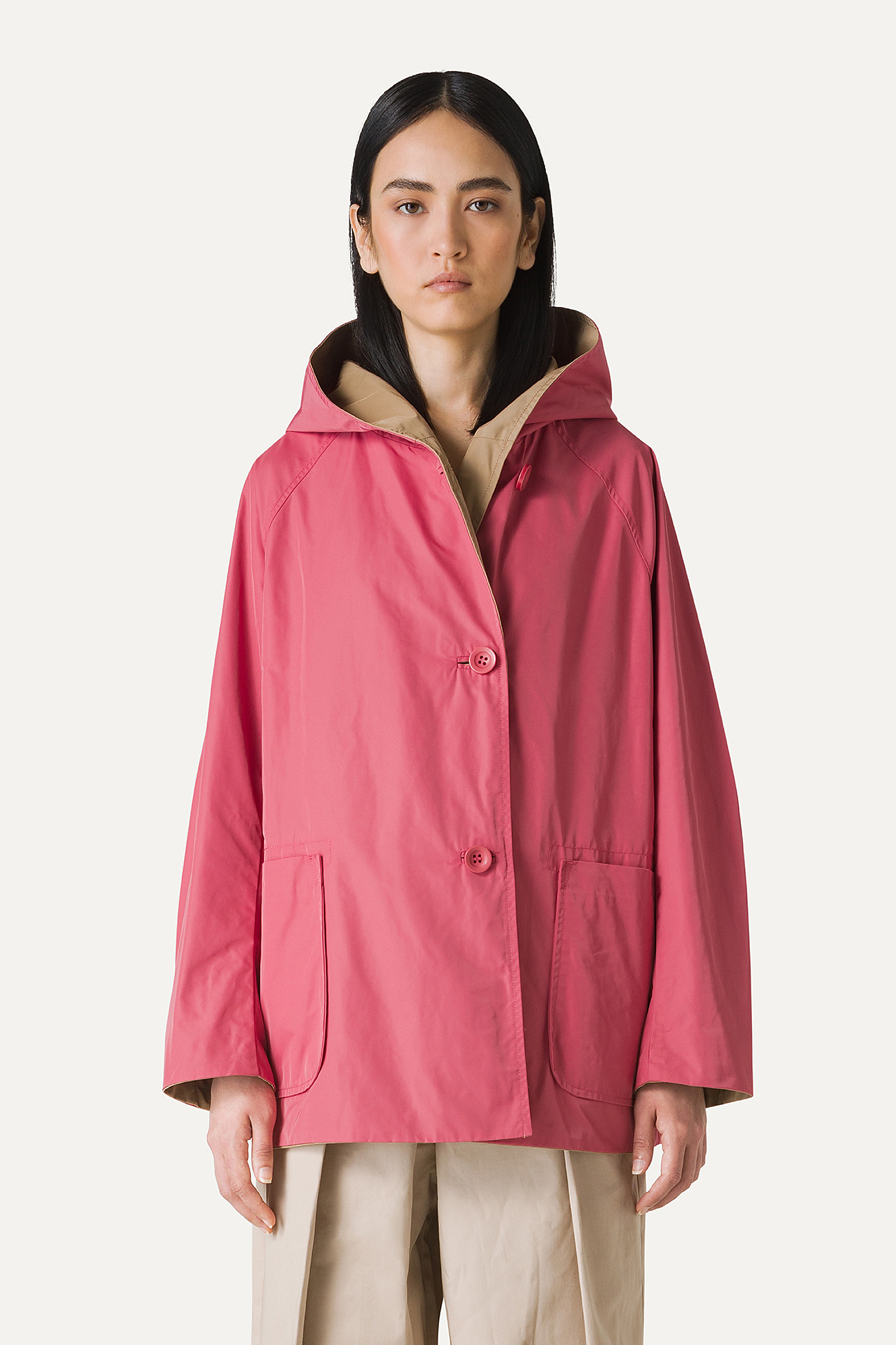 REVERSIBLE HOODED RAINCOAT IN MEMORY NYLON 9411 - OLD ROSE/BEIGE - OOF WEAR