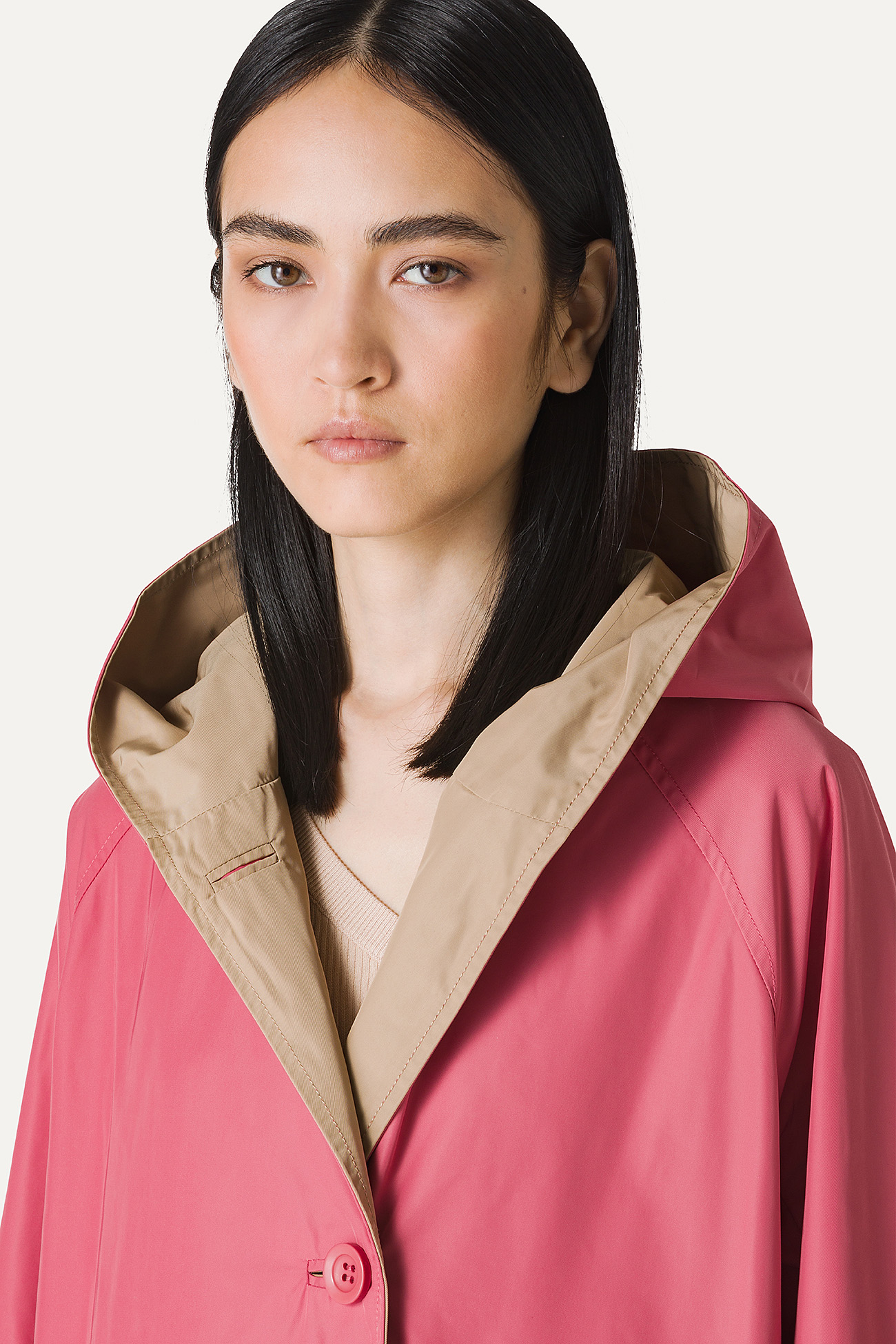REVERSIBLE HOODED RAINCOAT IN MEMORY NYLON 9411 - OLD ROSE/BEIGE - OOF WEAR