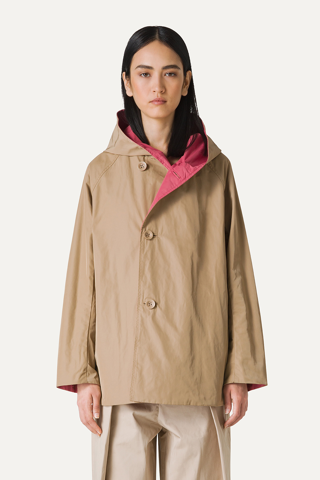 REVERSIBLE HOODED RAINCOAT IN MEMORY NYLON 9411 - OLD ROSE/BEIGE - OOF WEAR
