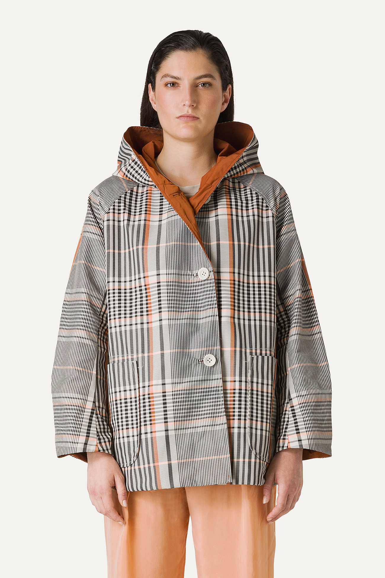 REVERSIBLE HOODED RAINCOAT IN CHECK PATTERN MEMORY NYLON 9411 - ORANGE/PAPRIKA - OOF WEAR