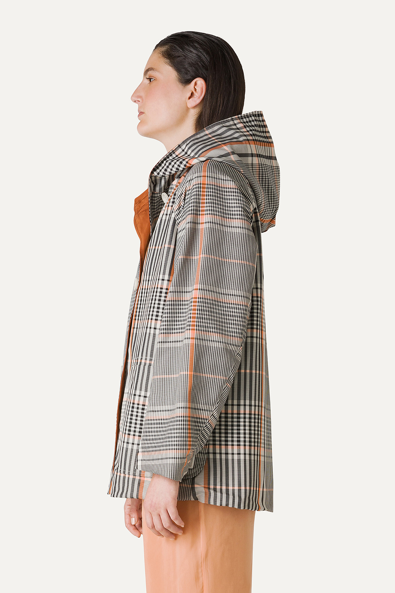 REVERSIBLE HOODED RAINCOAT IN CHECK PATTERN MEMORY NYLON 9411 - ORANGE/PAPRIKA - OOF WEAR