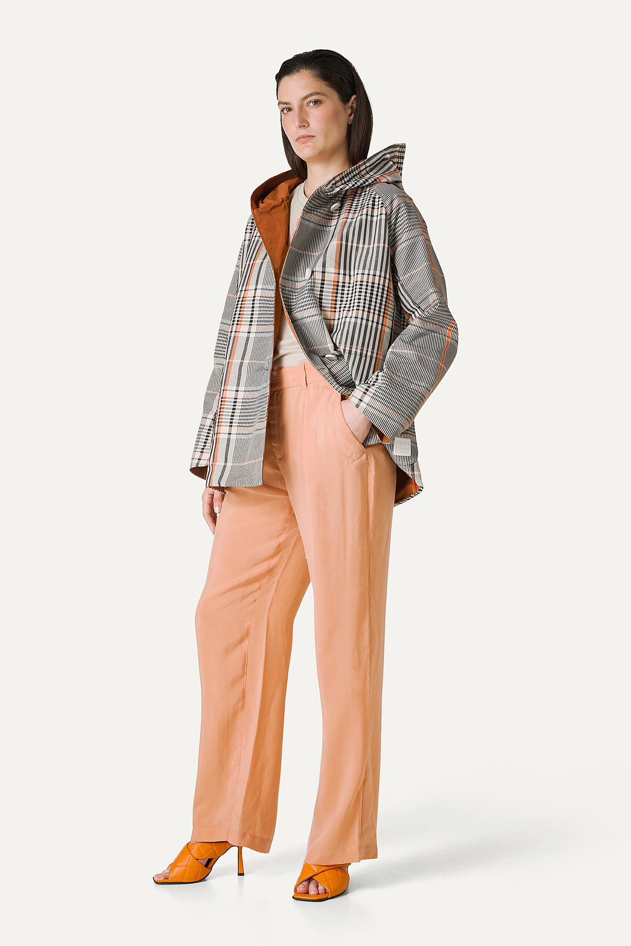 REVERSIBLE HOODED RAINCOAT IN CHECK PATTERN MEMORY NYLON 9411 - ORANGE/PAPRIKA - OOF WEAR