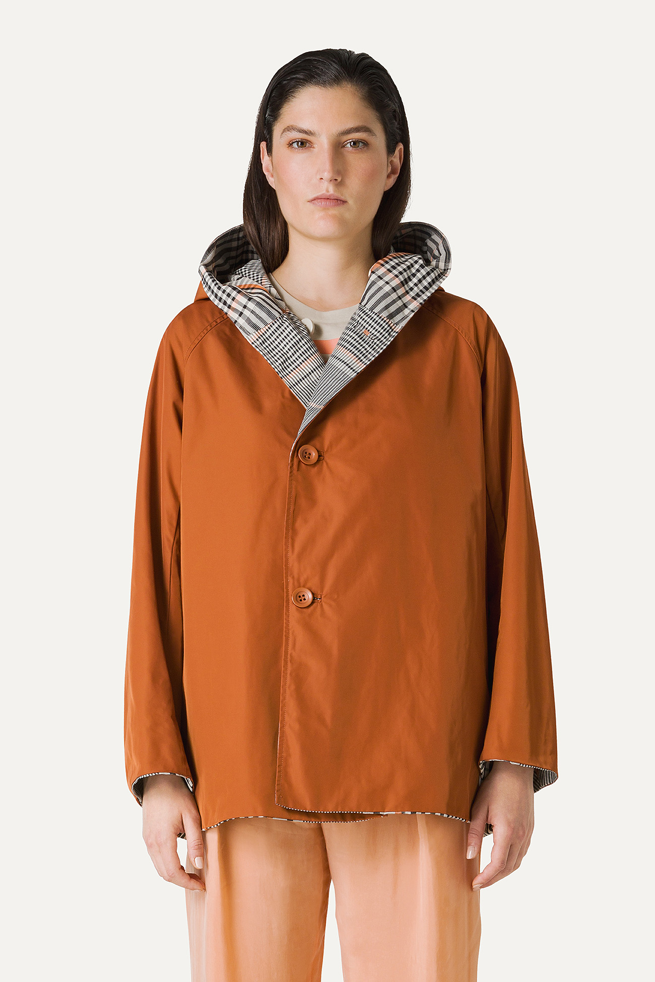 REVERSIBLE HOODED RAINCOAT IN CHECK PATTERN MEMORY NYLON 9411 - ORANGE/PAPRIKA - OOF WEAR