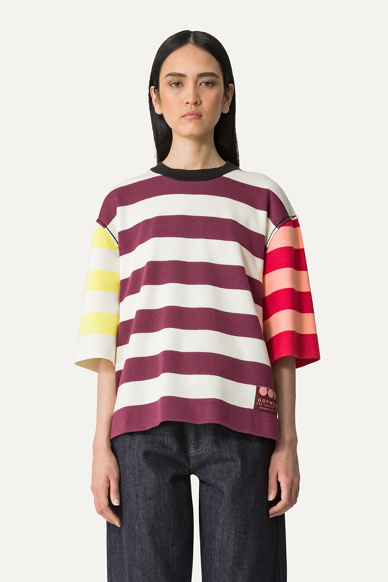 COLOURED STRIPE COTTON T-SHIRT  4055 - CREAM/BURGUNDY - OOF WEAR
