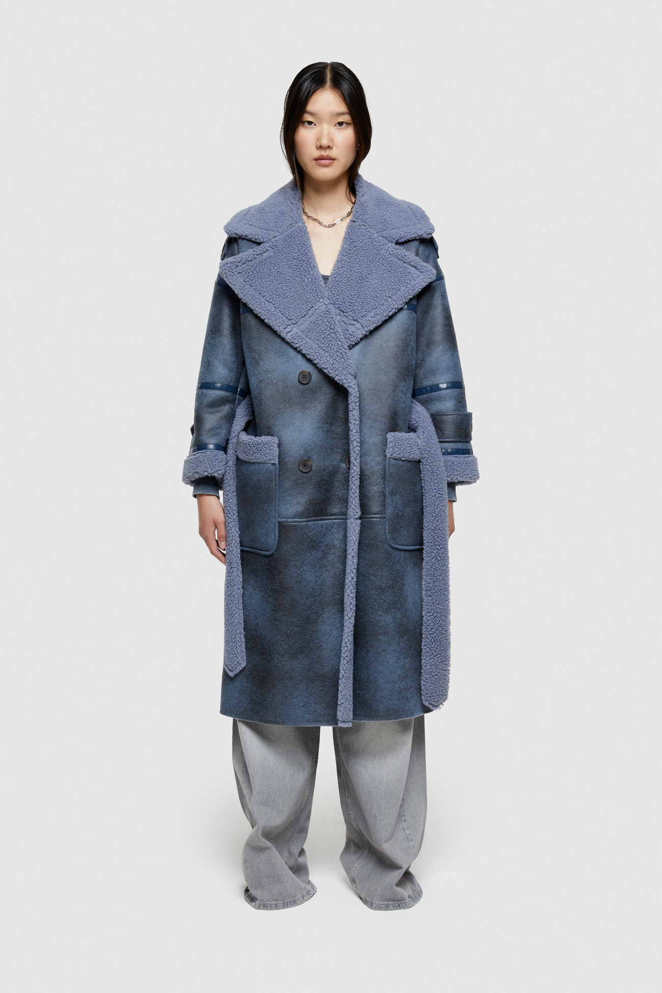 ECO-SHEEPSKIN REVERSIBLE LONG COAT 9263  - CERULEAN/SUGAR PAPER - OOF WEAR