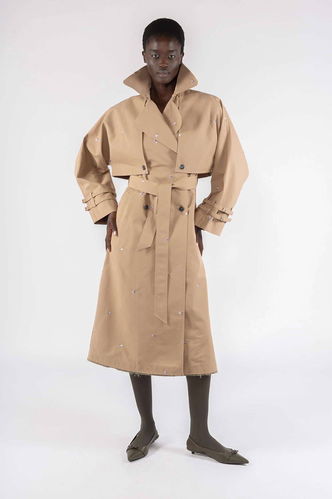 EMBROIDERED GABARDINE 2 IN 1 TRENCH COAT 9285 - KHAKI/LILAC - OOF WEAR