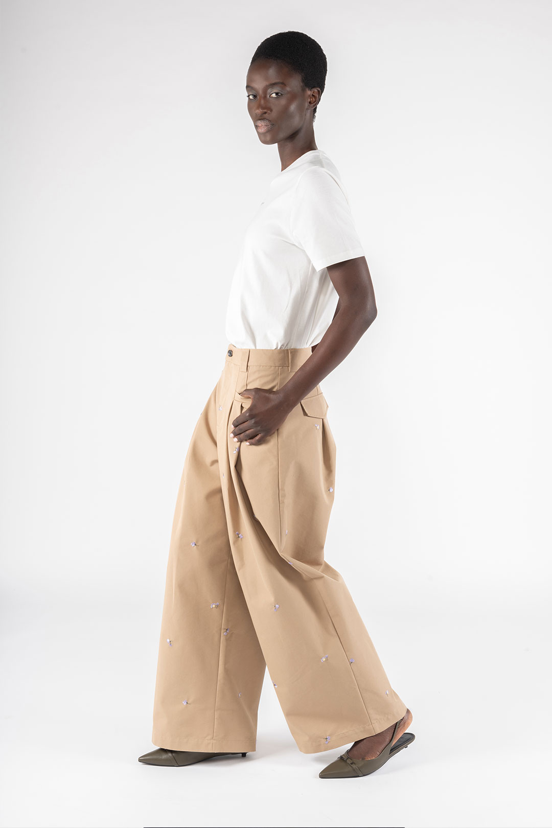 EMBROIDERED GABARDINE PANTS 8031 - KHAKI/LILAC - OOF WEAR