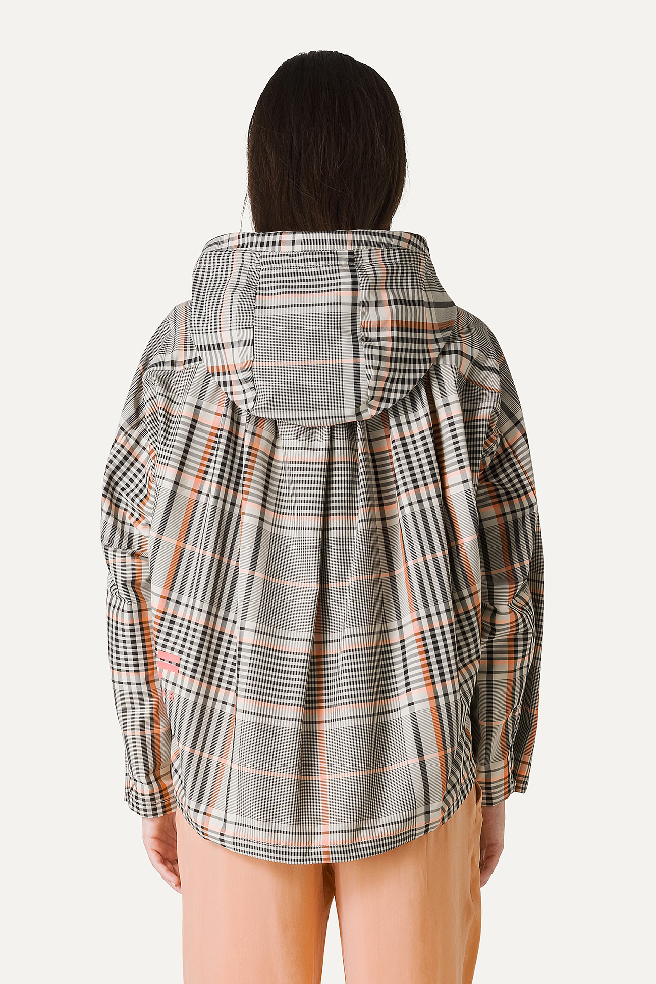 SHORT JACKET WITH GATHERED BACK IN CHECK PATTERN MEMORY NYLON 9139 - ORANGE/CREAM - OOF WEAR