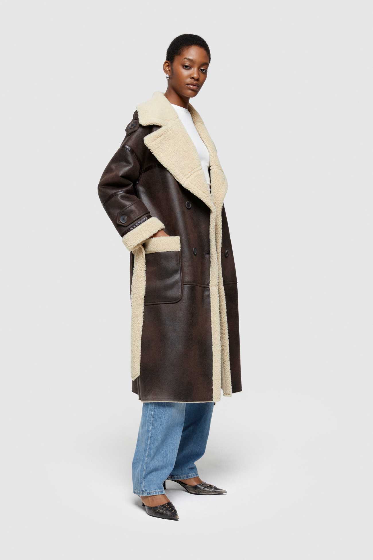 ECO-SHEEPSKIN REVERSIBLE LONG COAT 9263  - BROWN/CREAM - OOF WEAR