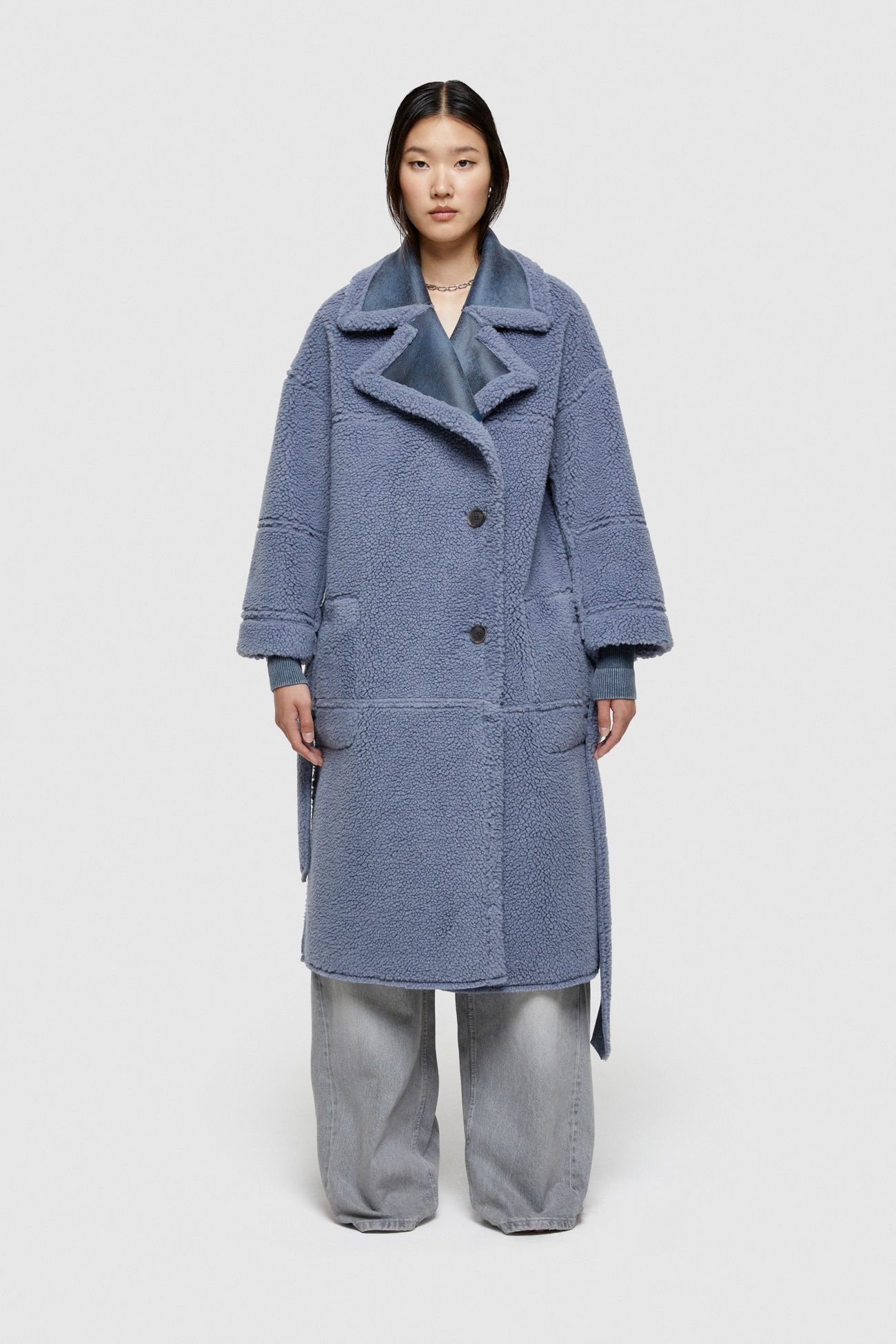 ECO-SHEEPSKIN REVERSIBLE LONG COAT 9263  - CERULEAN/SUGAR PAPER - OOF WEAR