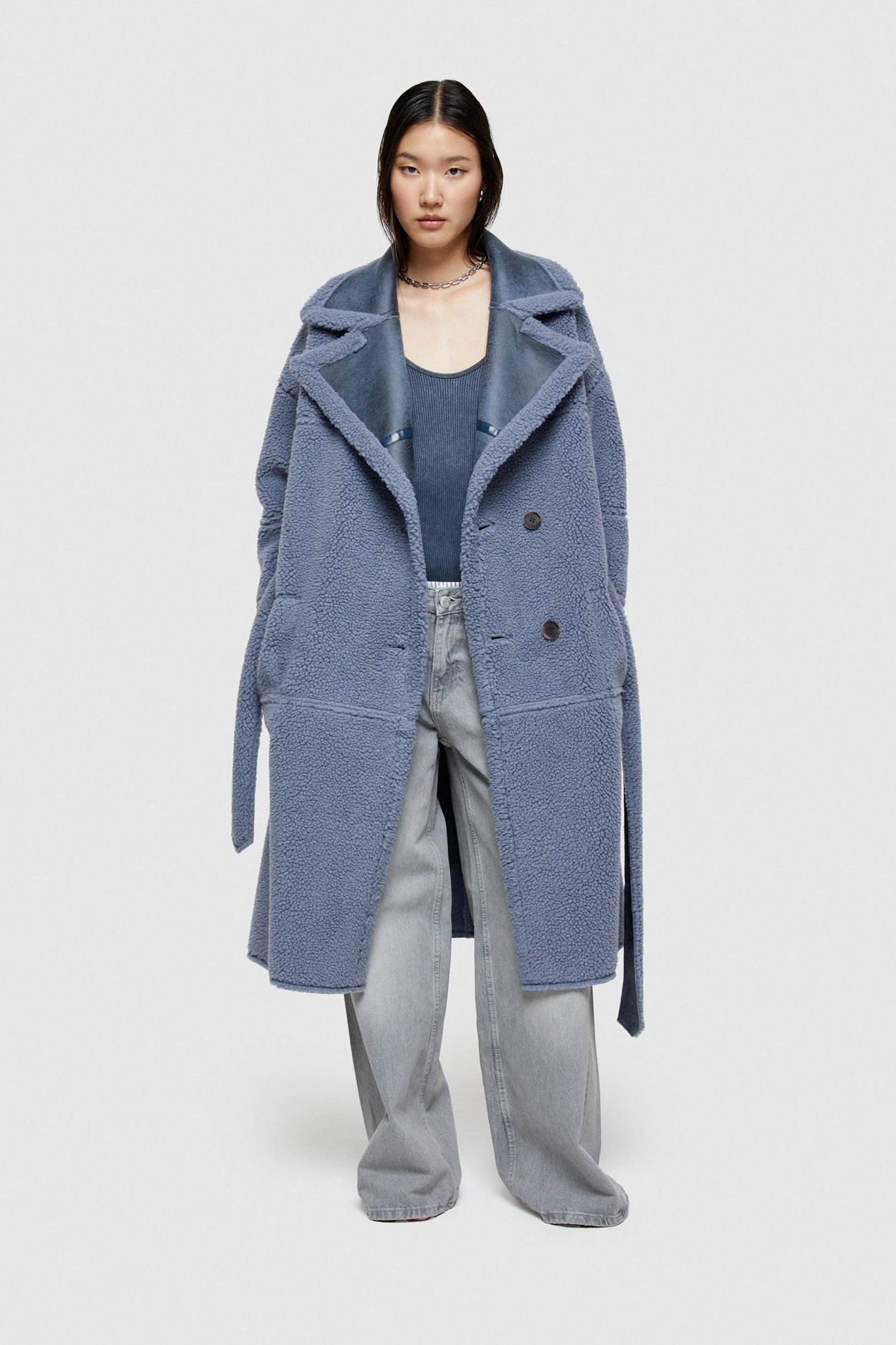 ECO-SHEEPSKIN REVERSIBLE LONG COAT 9263  - CERULEAN/SUGAR PAPER - OOF WEAR