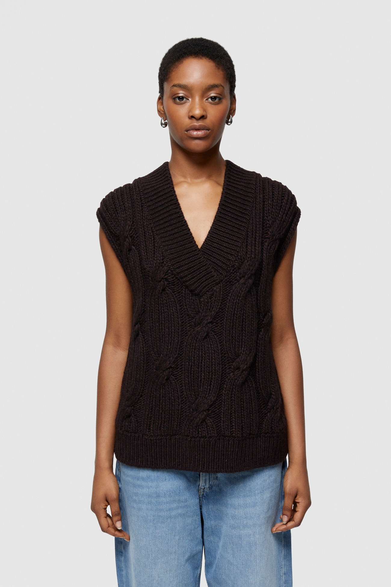 WOOL AND VISCOSE BLEND SHORT GILET 4078  - BROWN - OOF WEAR